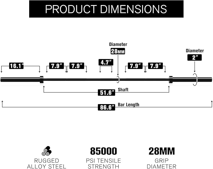 RITFIT 7FT Olympic Barbell for Strength and Weightlifting Training - 2 Inch Olympic Bar for Squat, Deadlift, Bench Press, Curl, Overhead Press - 500lbs/1000lbs/1500lbs Capacity