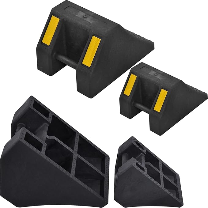Heavy-Duty Rubber Wheel Chocks, Ergonomic Portable Durable Wheel Chock with Handle, Wheel Wedge, Wheel Stopper for Cars, Motorcycles, Travel Trailers (Large - 4Pack)