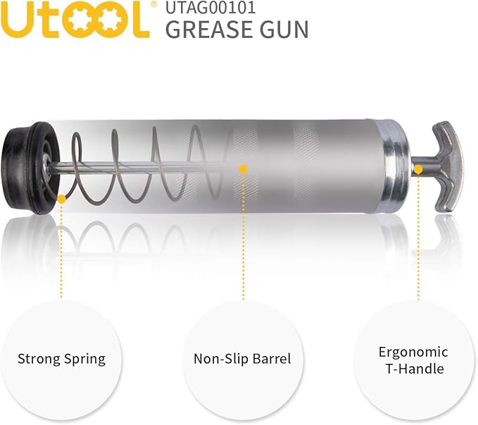 UTOOL Grease Gun, 8000 PSI Heavy Duty Pistol Grip Grease Gun Kit with 14 oz Capacity, 18 Inch Resin Flex Hose, 2 Basic Coupler, 2 Extension Rigid Pipe and 1 Sharp Type Nozzle, Silver