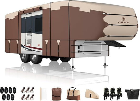 VINPATIO 5th Wheel Cover: Fits 28'-31' RV, 300D Oxford Fabric Two Color Design, Heavy Duty 5th Wheel RV Cover Anti-UV Waterproof Windproof, with Gutter Cover & 2 Pcs Extra Straps
