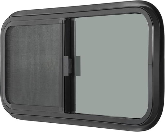 Horizontal RV Window, 42" W x 22" H Tinted Sliding RV Window with Net Screen and Trim Ring, Suitable for 15/16" or 1-3/8" and Slightly Thicker Up to 1/16" Walls, DOT Approved