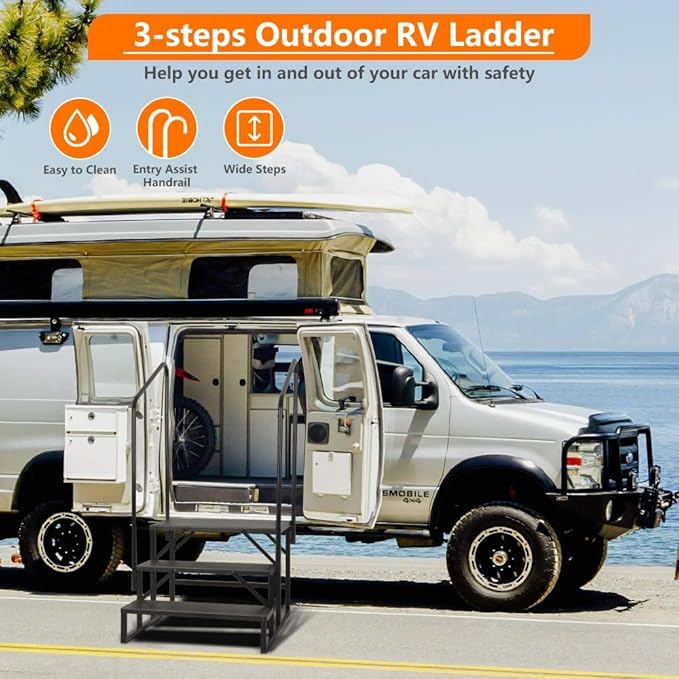 LUCKUP 3 Step RV Stairs with Handrails- Non Slip Hot Tub Steps Portable Mobile Home Stairs for RV, Travel Trailer, Camper Outdoor (Black)