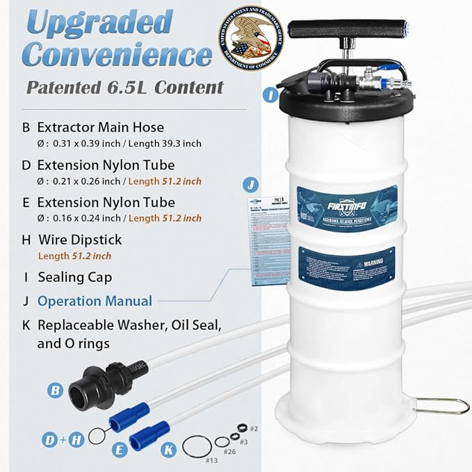 FIRSTINFO A1102USY3 Patented 6.5L / 1.7 Gallon Taiwan Pneumatic/Manual Oil Vacuum Extractor | Oil Change Pump | 47 Inch Tube