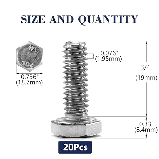 1/2-13 x 3/4" Hex Head Screw Bolt, 20Pcs 18-8 (304) Stainless Steel, Fully Threaded, Plain Finish, by SG TZH