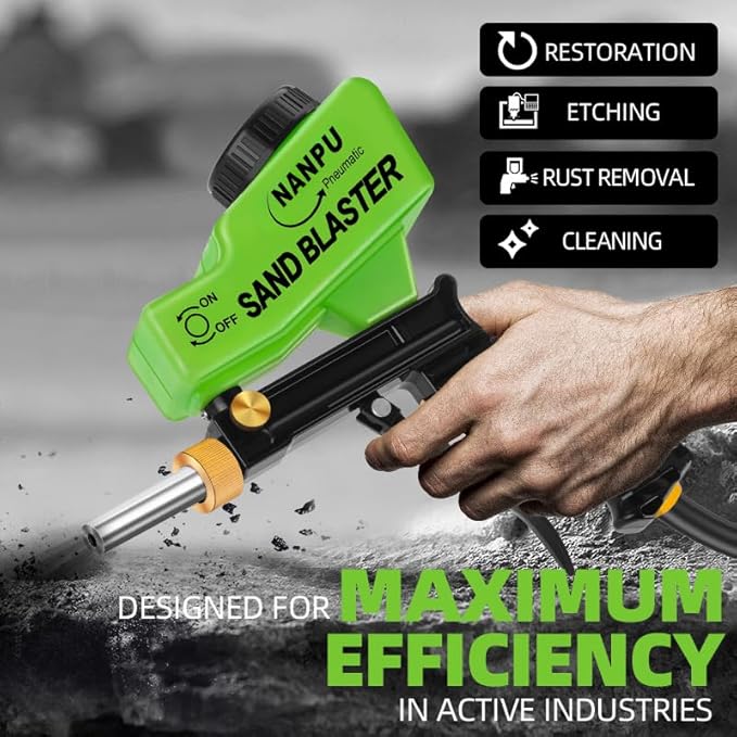 NANPU Light-Duty Air Sandblaster Gun Kit with Gravity Feed, Metal Nozzle, Plastic Body, for Small Project Surface Prep, Paint & Rust Removal, Metal/Wood/Glass Etching, Requires Air Compressor