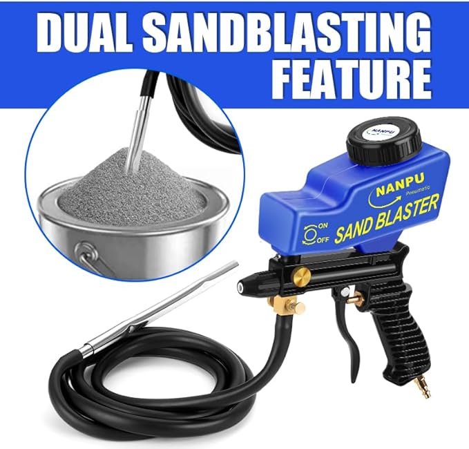 NANPU Light-Duty Air Sandblaster Gun Kit with Siphon & Gravity Feed, Ceramic Nozzle, Metal Body, for Small Project Surface Prep, Paint & Rust Removal, Metal/Wood/Glass Etching, Requires Air Compressor