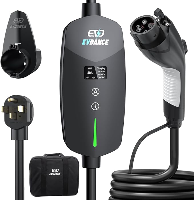 40A Level 2 EV Charger, 9.6KW Fast Portable Electric Vehicle Charging Stations, 25ft Charging Cable, NEMA 14-50 Plug, Adjustable Current & Timing Delay, Home Car Charger Compatible with All J1772 EVs