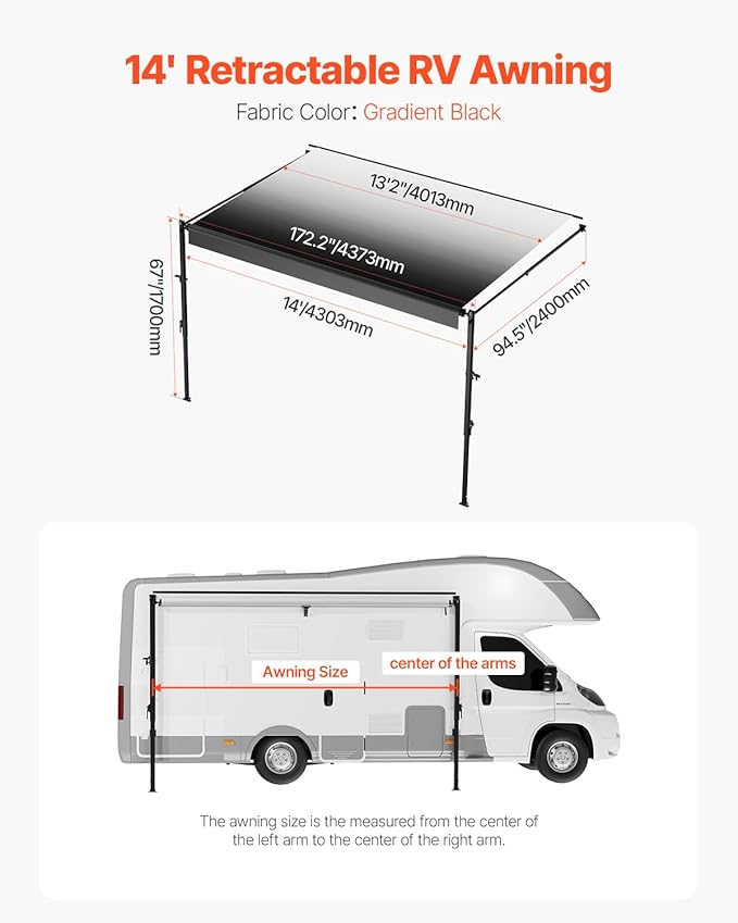 VEVOR Manual RV Awning Complete Kit, 14' Retractable Awning with Aluminum Alloy Frame, Outdoor Trailer Awning, Fit for Most RVs(Black Fade)