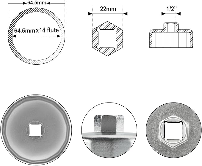 Jetech Oil Filter Cap Wrench 64.5mm x 14 Flute, Cartridge Type Socket Removal Tool with 14 Flutes and 64.5mm Inner Diameter