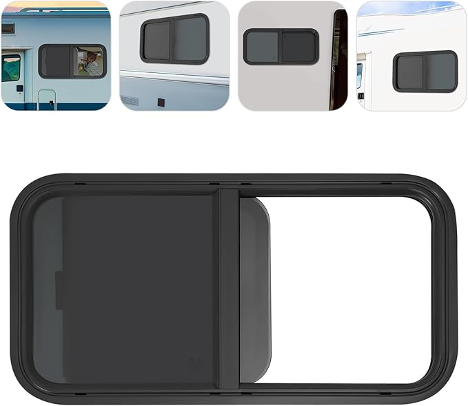 RV Window, Teardrop Horizontal Slide Black RV Window, Universal RV Window 30" W x 15" H Horizontal Sliding Window Camper Trailer Window Horizontal Sliding Replacement Glass W/Trim Ring