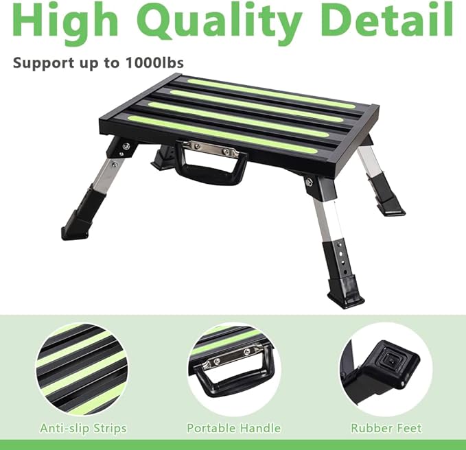 Aluminum RV Steps, 4-Level Adjustable Folding Step Stool with Non-Slip Rubber Feet, Non-Slip Fluorescent Strip Platform Rv Accessories, Supports Up to 1000 lbs - Black