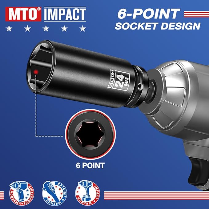 MTO 1/2" Drive 24mm Deep Impact Socket, 6-Point Metric Socket for Automotive Maintaince, CR-V Steel Meets ANSI Standards