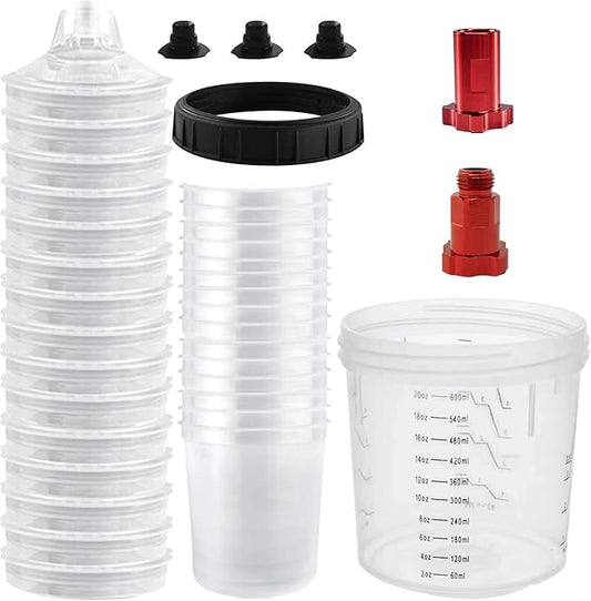 Disposable Paint Cups for Automotive Paint Gun, HVLP Paint Spray Gun Mixing Cups 20 Ounce (600ml) Kit with 15 Cups and Lids System, 1 Hard Cup with Retainer Ring, 2 Adapter, Paint Stirrer