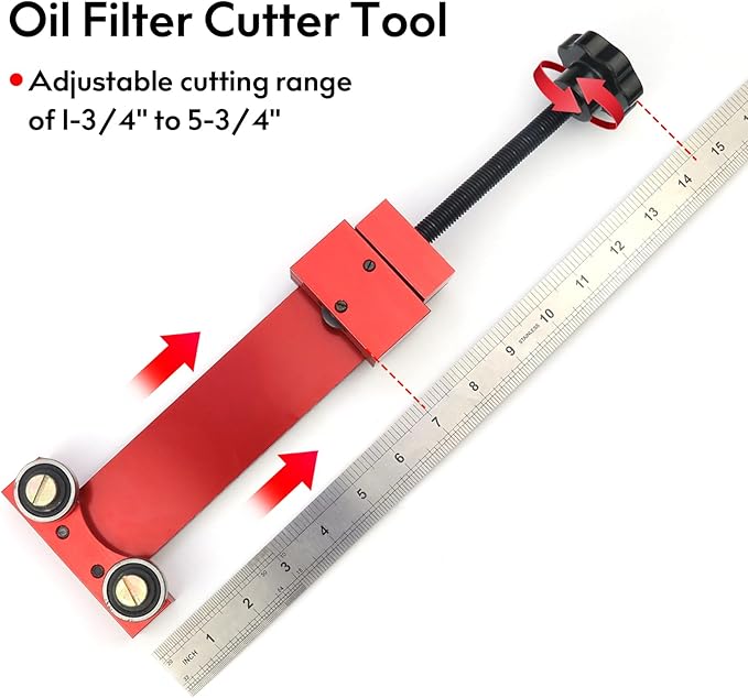 66490 Oil Filter Cutter with 3 Blades, Adjustable Cut Range 1-3/4'' to 5-3/4'' Oil Filter Cutting Tool Aluminum, Red