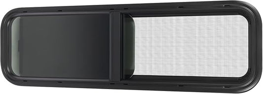 42" W x 12" H RV Window Horizontal Sliding, DOT Certified - Shatterproof Tempered Tinted Glass, with Net Screen and Trim Ring, Teardrop Replacement Trailer Camper Window