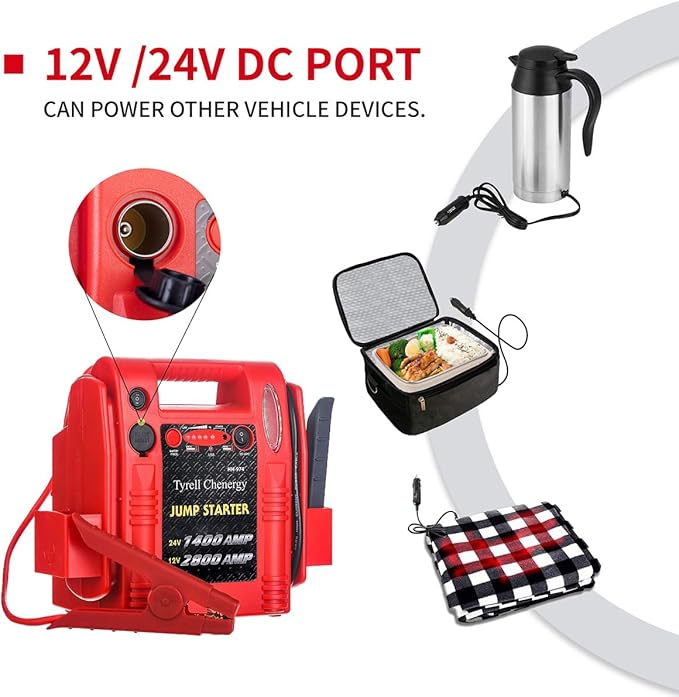 12V/24V Jump Starter,2800/1400 Peak Amp,Truck Battery Booster Pack, and Pure Copper Jumper Cables,Heavy Duty Jump Box Includes Dual USB and DC Ports Power,Car Battery Jump Starter