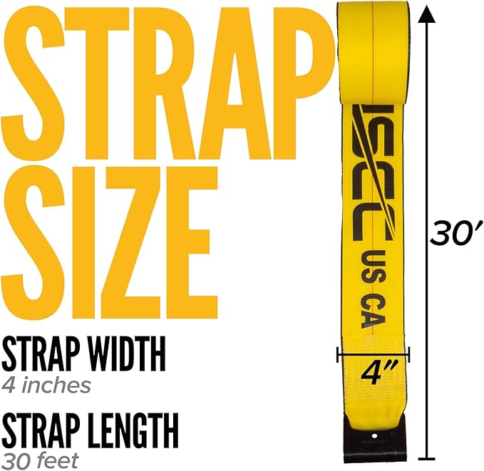 US Cargo Control Winch Straps 4" x 30' (2-Pack), 5,400 LBS Working Load Limit, Heavy Duty Flatbed Tie Downs with Flat Hooks, Yellow 4 Inch Straps for Flatbed Trailer, Truck, and Cargo Securement
