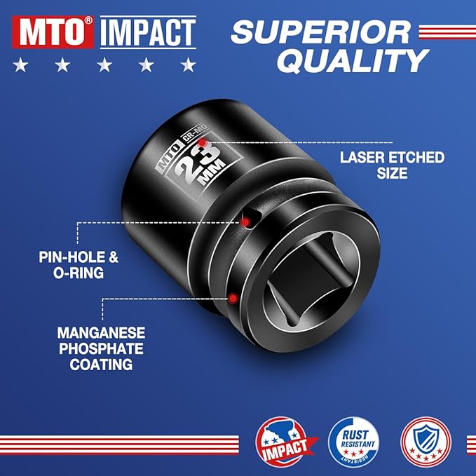 MTO 1/2" Drive 23mm Shallow Impact Socket, 6-Point Metric Socket, CR-MO Steel & Anti-Corrosion Coating for Tight Spaces and Heavy-Duty Tasks
