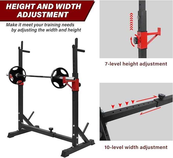 BESTHLS Adjustable Squat Rack Stand with Barbell Rack, Weight Plate Holder, J Hooks,Dip Bar Station for Bench Press Strength Training Max Load 550LBS Suitable for Gym and Home Fitness
