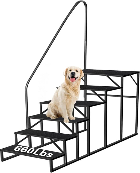 RV Steps with Handrail, 6 Step RV Stairs 660 lbs Load Capacity, Step Ladder with Anti-Slip Panel, Mobile Home Stairs for Travel Trailers Black