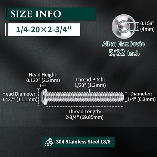 1/4-20 x 2-3/4" Button Head Socket Cap Bolts Screws, 304 Stainless Steel 18-8, Allen Hex Drive, Bright Finish, Fully Machine Thread, Pack of 10