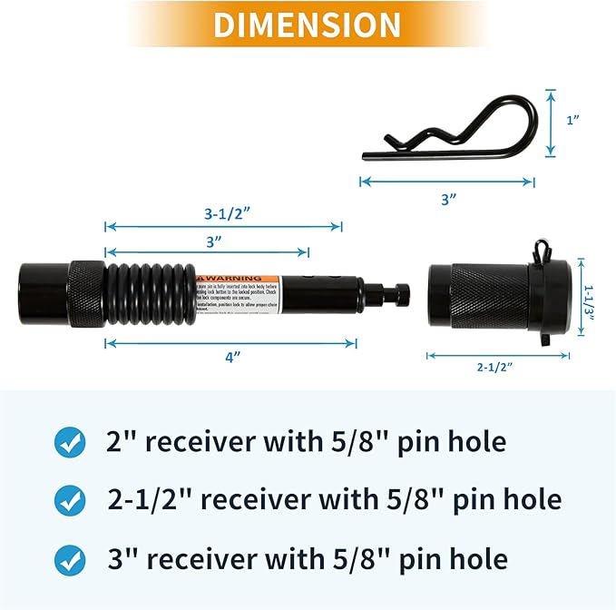 Trailer Hitch Pin Lock, 5/8" Dia with Extra Long 4" Hitch Lock Fits Class III IV V 2", 2-1/2"& 3" Receivers, Trailer Hitch Lock with Safety Clip and O-Rings for Trailer Truck Car Boat