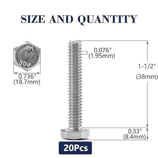 1/2-13 x 1-1/2" Hex Head Screw Bolt, 20Pcs 18-8 (304) Stainless Steel, Fully Threaded, Plain Finish, by SG TZH