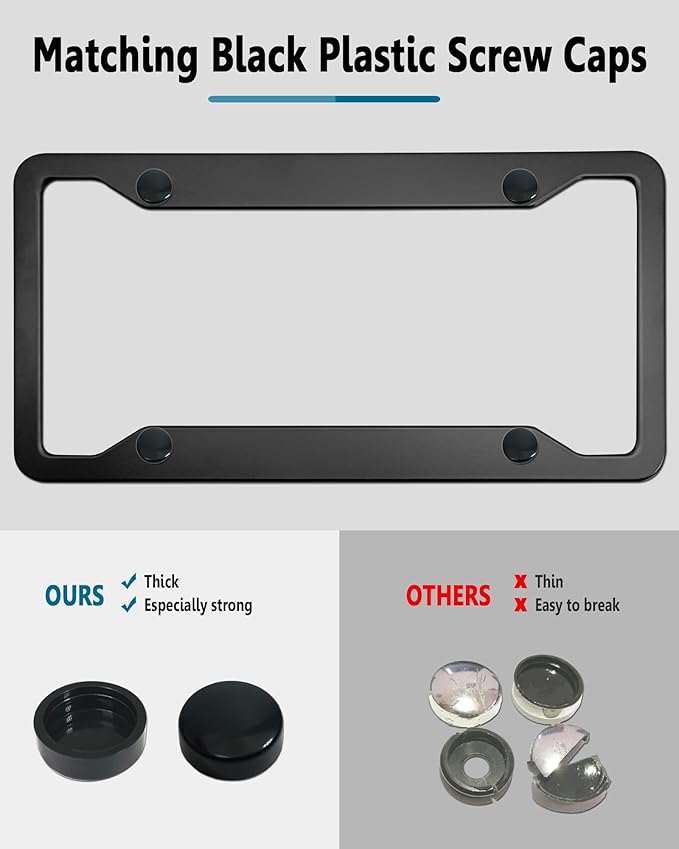 Black License Plate Frames- 2 Pack Aluminum Front & Rear Auto Car Tag Holder, Heavy Duty Bracket with Mount Hardware, Screws Caps, Rattle Proof Pads (Black