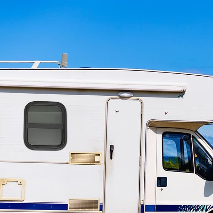 RV Window, 14" X 16" Universal RV Window Vertical Slide W/Trim Ring, Vertical Sliding Glass Window with Screen Window for Cargo, Horse Trailer, Marine Camper Window Replacement (14”x16”)