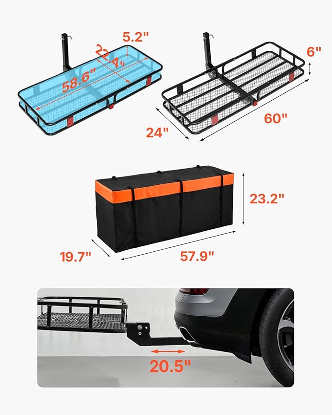 VEVOR 60x24x6 Folding Hitch Carrier - 500lb Capacity Cargo Basket & Waterproof Bag, Fits 2" Hitch Receiver for SUV, Truck, Pickup