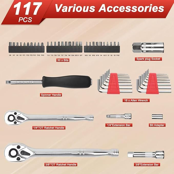 117 Pieces 1/4 and 3/8 inch Drive Socket Ratchet Wrench Set, Metric/SAE Size, with Bit Socket Set and Extension Bar for Auto Repairing and Household, with Storage Case