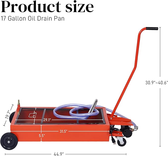 17 Gallon Oil Drain Pan with Electric Pump, Low Profile Oil Pans for Truck, Car Changing Oil, Foldable Handle/7 Ft Evacuation Hose/Swivel Casters Wheels