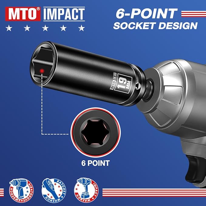 MTO 1/2" Drive 19mm Deep Impact Socket, 6 Pt. Metric Socket, CR-MO Steel & Anti-Corrosion Coating for Heavy-Duty Use