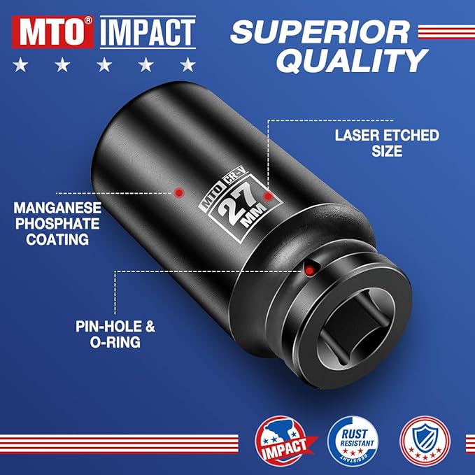 MTO 1/2" Drive 27mm Deep Impact Socket, 6-Point Metric Socket for Automotive Maintaince, CR-V Steel Meets ANSI Standards