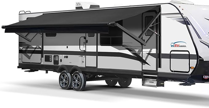 RV Awning Fabric Replacement, Patio Vinyl Outdoor Canopy for Campers, Trailers, and Motorhomes (Black Solid, 14'(Fabric 13'2"))