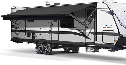RV Awning Fabric Replacement, Patio Vinyl Outdoor Canopy for Campers, Trailers, and Motorhomes (Black Solid, 16'(Fabric 15'2"))