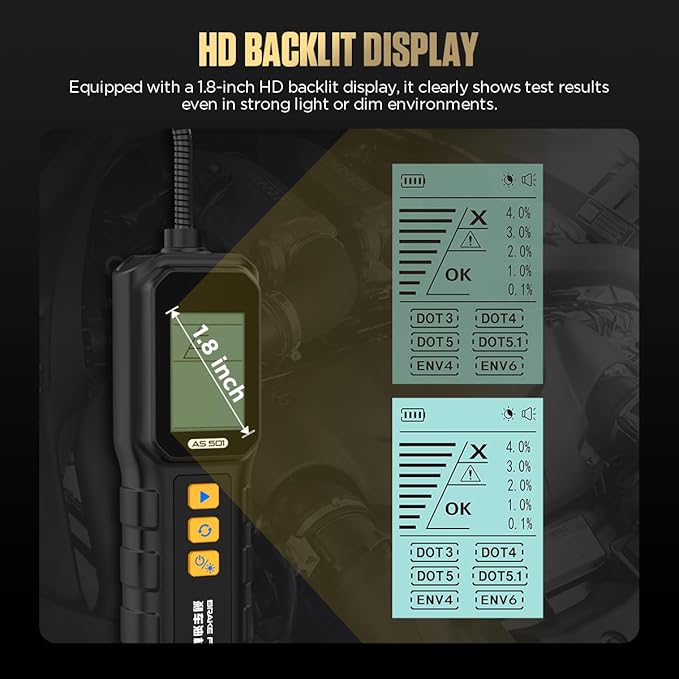Brake System Bleeding Tools, AS501 Brake Fluid Tester,Automotive Oil Moisture Meter Detector for DOT-3/4/5/5.1,ENV4/ENV6,Built-in High-Sensitivity Sensor