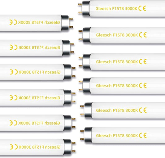 15W 18" T8 Fluorescent Linear Tube Bulb F15T8/WW Warm White Light 3000K Medium Bi-Pin G13 Base 12 Pack