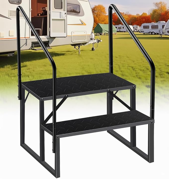 RV Steps with 2 Handrails, 2 Step RV Stairs 660lbs Load Capacity, Heavy Duty Camper Steps with Wide & Anti-Slip Platform, Portable Outdoor Metal Entry Stairs for Hot Tub, Mobile Home, Travel Trailers