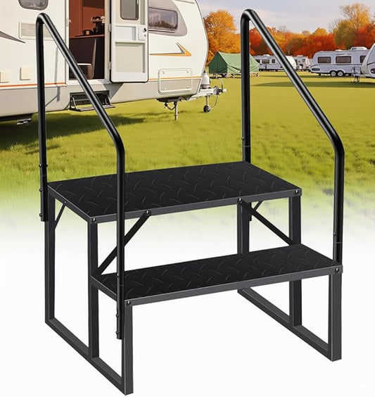 RV Steps with 2 Handrails, 2 Step RV Stairs 660lbs Load Capacity, Heavy Duty Camper Steps with Wide & Anti-Slip Platform, Portable Outdoor Metal Entry Stairs for Hot Tub, Mobile Home, Travel Trailers