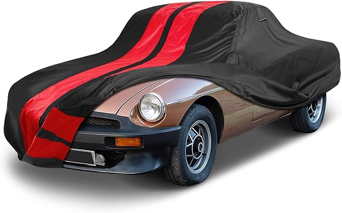 iCarCover Custom Car Cover for 1962-1981 MG MGB Roadster Waterproof All Weather Rain Snow UV Sun Protector Full Exterior Indoor Outdoor Car Cover (Stripe - Black/Red)