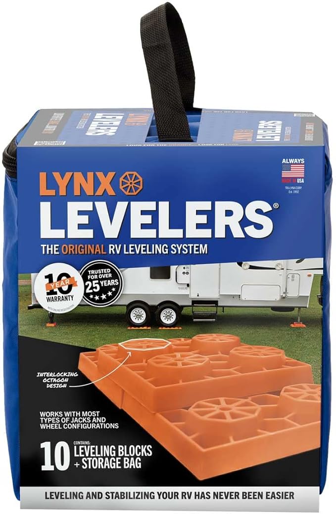 Tri-Lynx Lynx Levelers RV/Trailer/Motorhome/Vanlife interlocking Leveling Blocks with Nylon Storage Bag for most Leveling and Stabilizing functions. 10 Pack, Orange, 00015, Made in USA.
