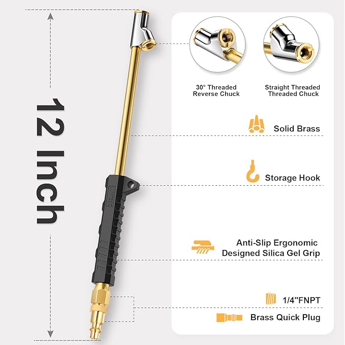 12" Extended Reach Dual Head Air Chuck, 2-Way Connection 1/4" FNPT Straight Foot Lock On Tire Inflate Chuck, Tire Chuck w/Quick Plug, Air Compressor Fill Kit for Truck RV Semi Dually Tires