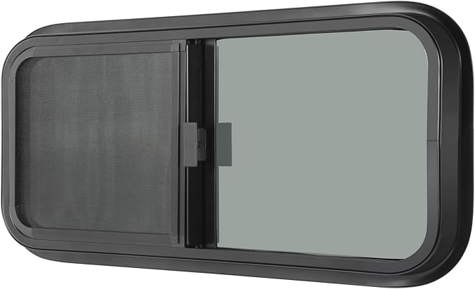 Horizontal RV Window, 42" W x 12" H Tinted Sliding RV Window with Net Screen and Trim Ring, Suitable for 15/16" or 1-3/8" and Slightly Thicker Up to 1/16" Walls, DOT Approved