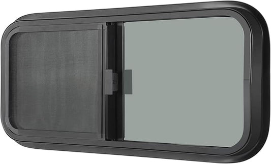 Horizontal RV Window, 42" W x 12" H Tinted Sliding RV Window with Net Screen and Trim Ring, Suitable for 15/16" or 1-3/8" and Slightly Thicker Up to 1/16" Walls, DOT Approved