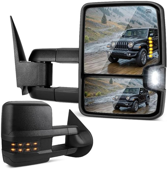 DWVO Towing Mirrors Compatible with 2001-2002 GMC Yukon XL, 1999-2002 Sierra Silverado 1500 2500, Heated Adjusted Power Glass Turn Signal Light Backup Lamp Telescoping Smoke