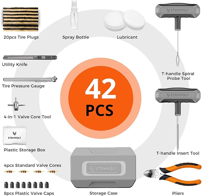 ETENWOLF Tire Repair Kit 42 Pcs, Heavy Duty Tire Plug Kit to Fix Punctures, Tire Repair Tool with Plugs for Car, Motorcycle, ATV, Jeep, Truck, Tractor, Grey