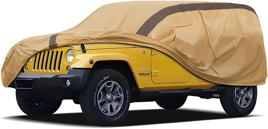 Heavy Duty Waterproof Car Cover Compatible with Jeep Wrangler 4 Doors 2006-2024 JK JL, Outdoor Anti-UV Sun Rain Protection Full Exterior Cover