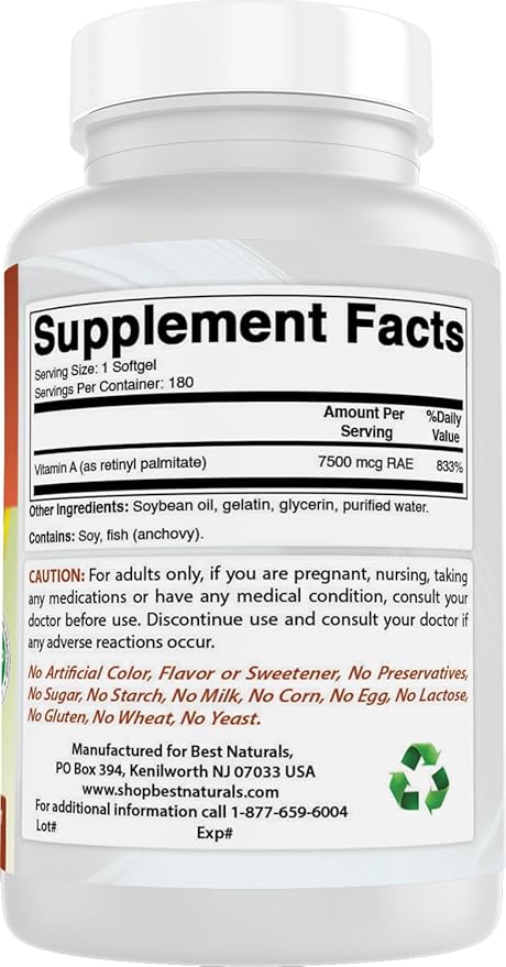 Best Naturals Vitamin A 25000 IU (7500 mcg), Non-GMO Formula Supports Healthy Vision & Immune System and Healthy Growth & Reproduction, 180 Softgels (180 Count (Pack of 1))