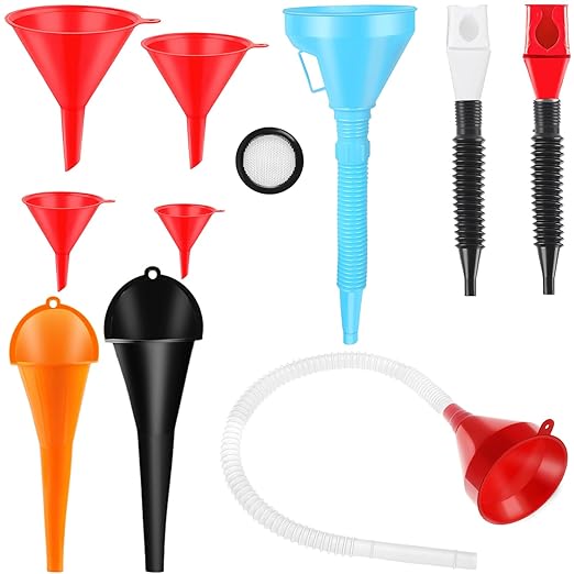 Umbresen Oil Funnels Set, Automotive Fuel Funnels, Wide Mouth Gas Funnel with Handle, Large Funnels with Hose, Plastic Long Neck Oil Funnels, Gasoline Funnel Kit for Water, Fuel, Oil Change (10)
